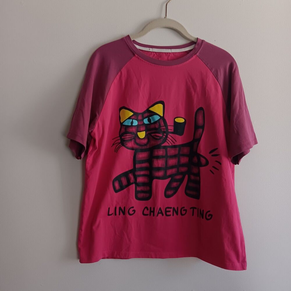Pink Graphic Cat T-Shirt‎ short sleeve every day casual outdoor